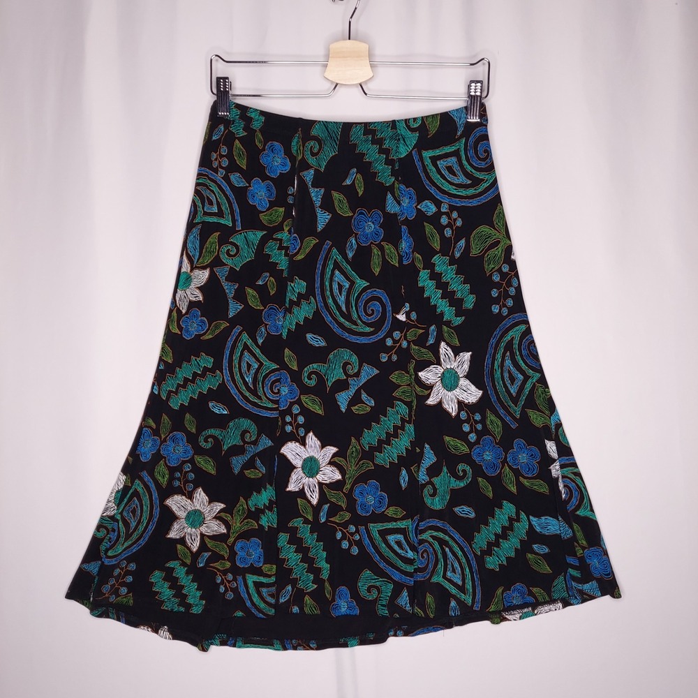 West End Slinky Skirt Medium Black Blue Floral Acetate Pull-On Vikki Artsy 90s